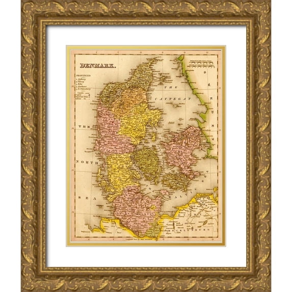 Vintage Maps 20x24 Gold Ornate Wood Framed with Double Matting Museum Art Print Titled - Denmark 1844