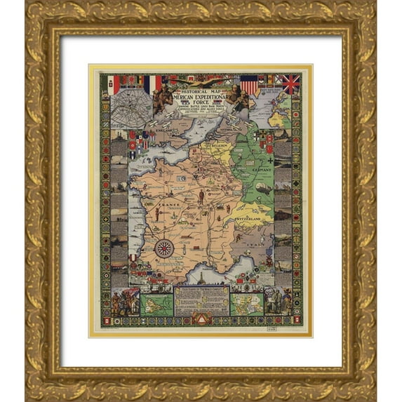 Vintage Maps 20x24 Gold Ornate Wood Framed with Double Matting Museum Art Print Titled - World War I American Expeditionary Force