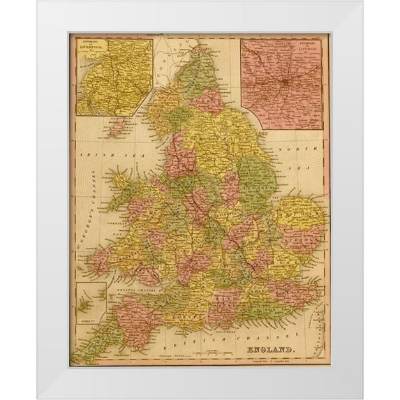 Vintage Maps 20x24 White Modern Wood Framed Museum Art Print Titled - England 1844