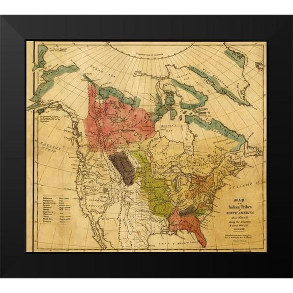 Vintage Maps 22x20 Black Modern Framed Museum Art Print Titled - Indian Tribes of North America