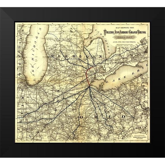 Vintage Maps 22x20 Black Modern Framed Museum Art Print Titled - Toledo Ann Arbor Grand Trunk Railway 1881