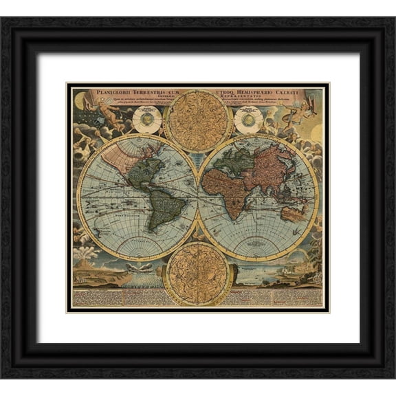 Vintage Maps 22x20 Black Ornate Wood Framed with Double Matting Museum Art Print Titled - World Map
