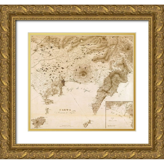 Vintage Maps 22x20 Gold Ornate Wood Framed with Double Matting Museum Art Print Titled - Naples Region with Vesuvius Italy 1828