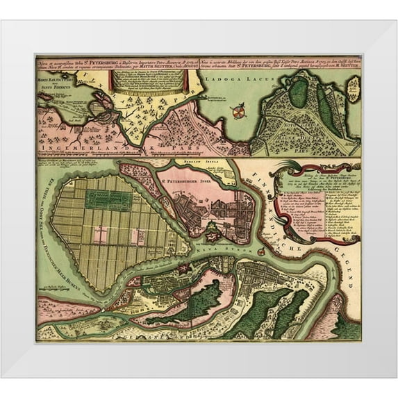 Vintage Maps 22x20 White Modern Wood Framed Museum Art Print Titled - St Petersburg Russia 1703