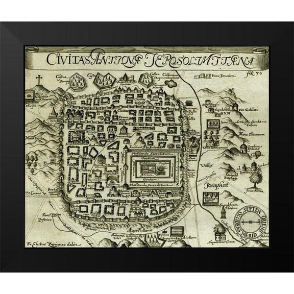 Vintage Maps 23x20 Black Modern Framed Museum Art Print Titled - Modern Antique Map of Jerusalem