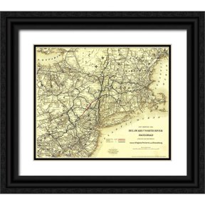 Vintage Maps 23x20 Black Ornate Wood Framed with Double Matting Museum Art Print Titled - Delaware and North River Railroad 1890