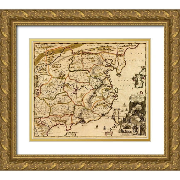 Vintage Maps 23x20 Gold Ornate Wood Framed with Double Matting Museum Art Print Titled - China 1700