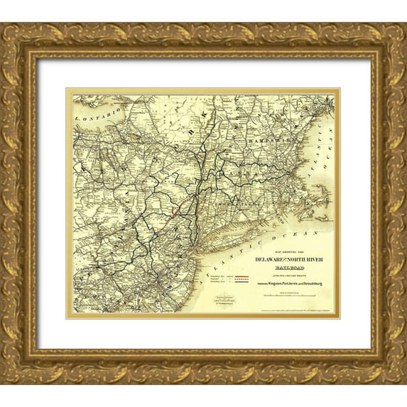 Vintage Maps 23x20 Gold Ornate Wood Framed with Double Matting Museum Art Print Titled - Delaware and North River Railroad 1890