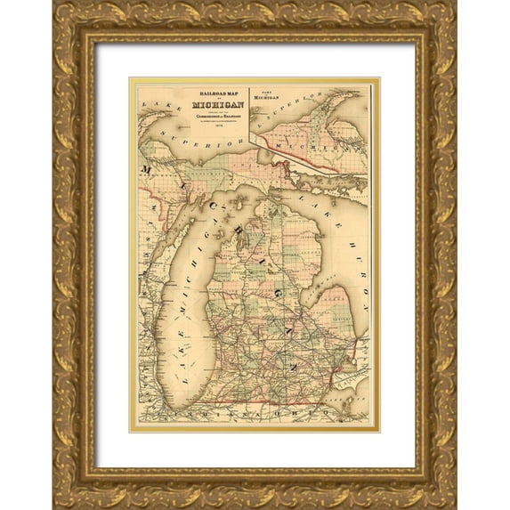 Vintage Maps 23x32 Gold Ornate Wood Framed with Double Matting Museum Art Print Titled - Railroads of Michigan 1874