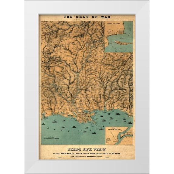 Vintage Maps 23x32 White Modern Wood Framed Museum Art Print Titled - Birds eye view of the Mississippi Valley from Cairo to the Gulf of Mexico 1861
