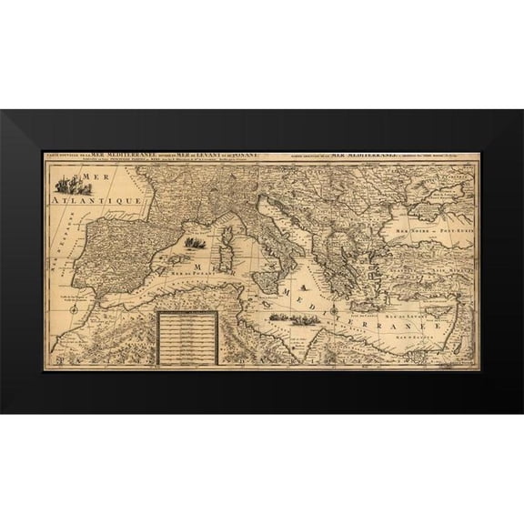 Vintage Maps 24x14 Black Modern Framed Museum Art Print Titled - Mediterranean Sea 1680