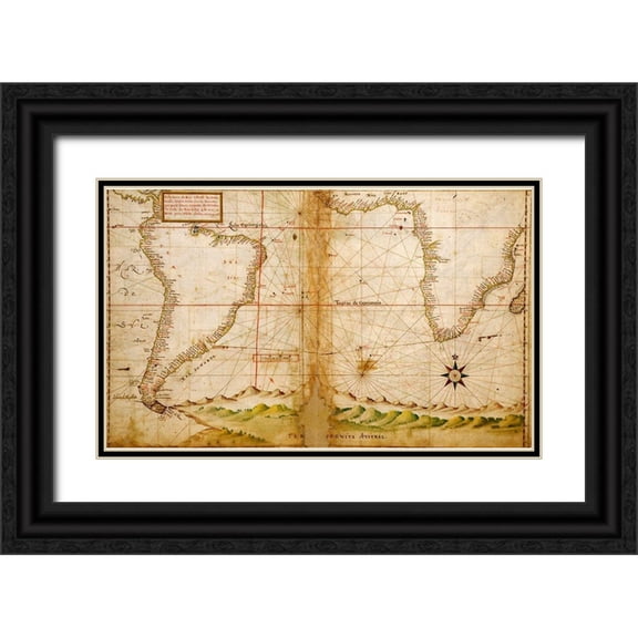 Vintage Maps 24x16 Black Ornate Wood Framed with Double Matting Museum Art Print Titled - Portuguese Navigational Map of the South Atlantic 1630