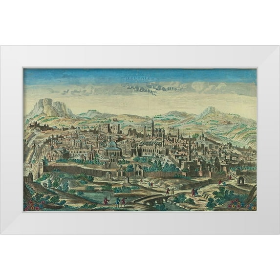 Vintage Maps 24x16 White Modern Wood Framed Museum Art Print Titled - Antique Map of Jerusalem