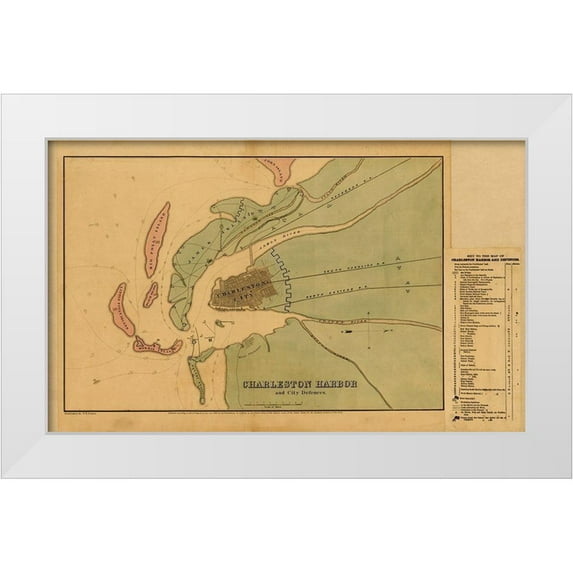Vintage Maps 24x16 White Modern Wood Framed Museum Art Print Titled - Charleston Harbor and city defenses 1864