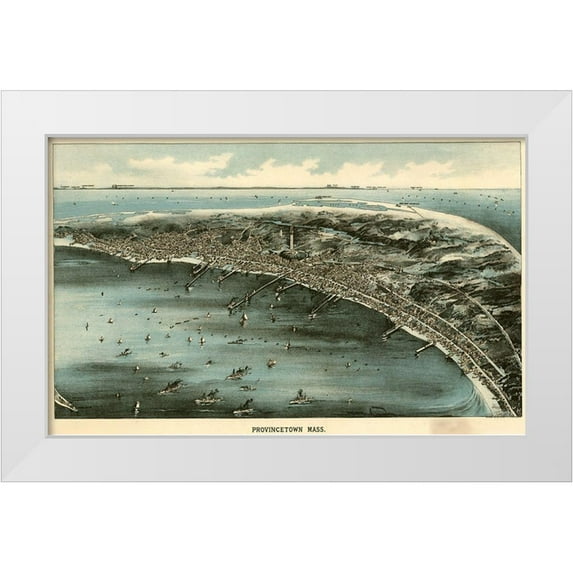 Vintage Maps 24x16 White Modern Wood Framed Museum Art Print Titled - Harbor with ships at Provincetown-Massachusetts 1910