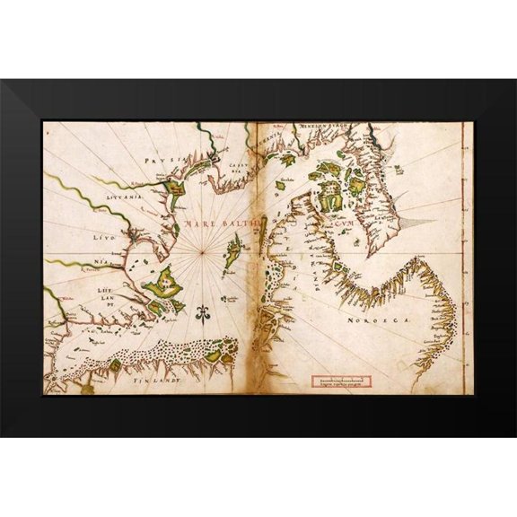 Vintage Maps 24x17 Black Modern Framed Museum Art Print Titled - Baltic Sea in a Polar Projection 1630