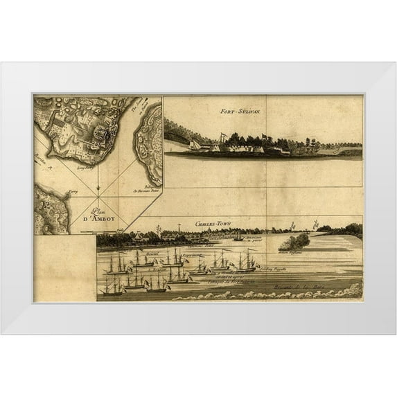 Vintage Maps 24x17 White Modern Wood Framed Museum Art Print Titled - Charleston Harbor assault on Fort Sulivan during the siege of Charleston 1780