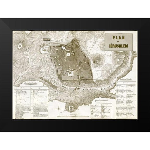 Vintage Maps 24x18 Black Modern Framed Museum Art Print Titled - Antique Map of Jerusalem