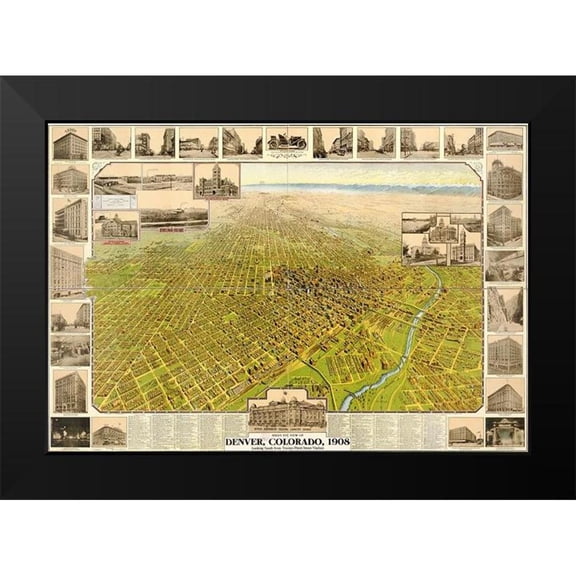 Vintage Maps 24x18 Black Modern Framed Museum Art Print Titled - Denver-Colorado 1907
