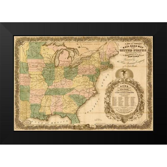 Vintage Maps 24x18 Black Modern Framed Museum Art Print Titled - Railroad map of the United States 1858