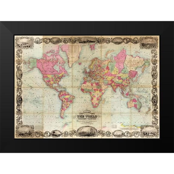Vintage Maps 24x18 Black Modern Framed Museum Art Print Titled - World Map 1705