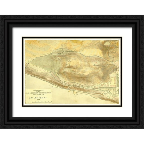 Vintage Maps 24x18 Black Ornate Wood Framed with Double Matting Museum Art Print Titled - Route sketch of part of U S Military Reservation West Point N Y 1889