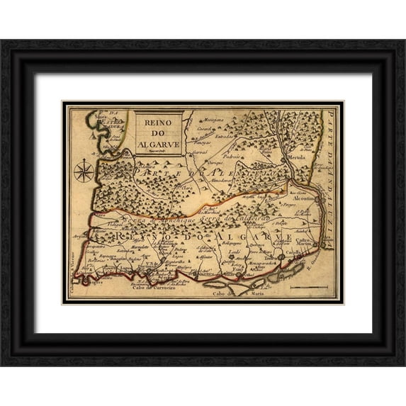 Vintage Maps 24x18 Black Ornate Wood Framed with Double Matting Museum Art Print Titled - Portugal 1730 Reino del Algarve