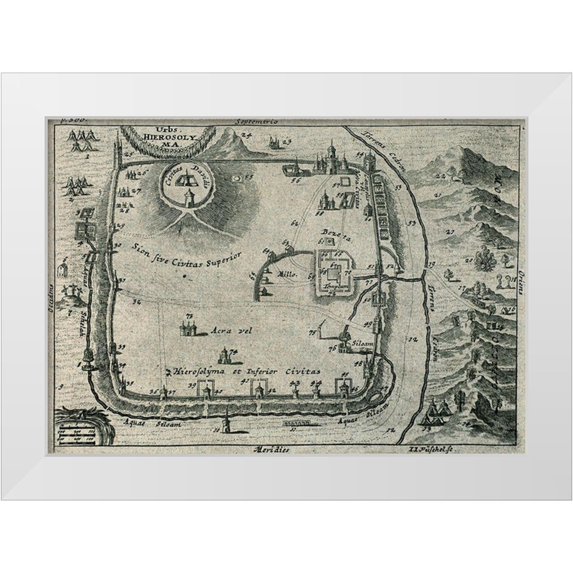 Vintage Maps 24x18 White Modern Wood Framed Museum Art Print Titled - Antique Map of Jerusalem