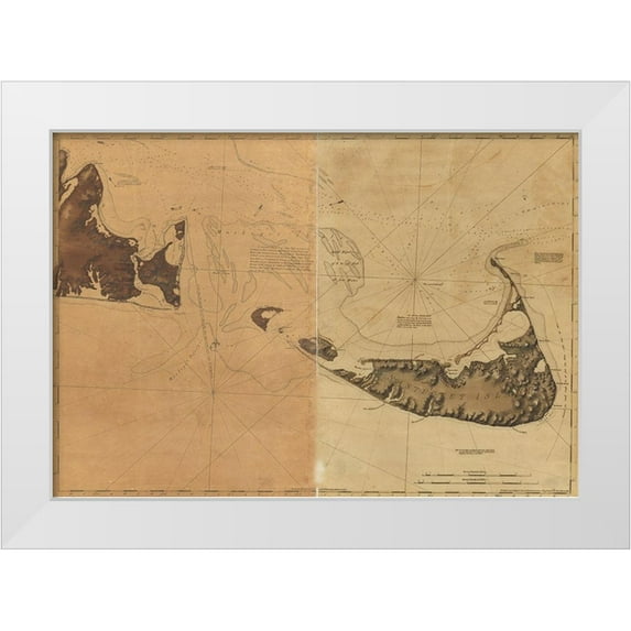 Vintage Maps 24x18 White Modern Wood Framed Museum Art Print Titled - Nantucket Island and the eastern half of Marthas Vineyard