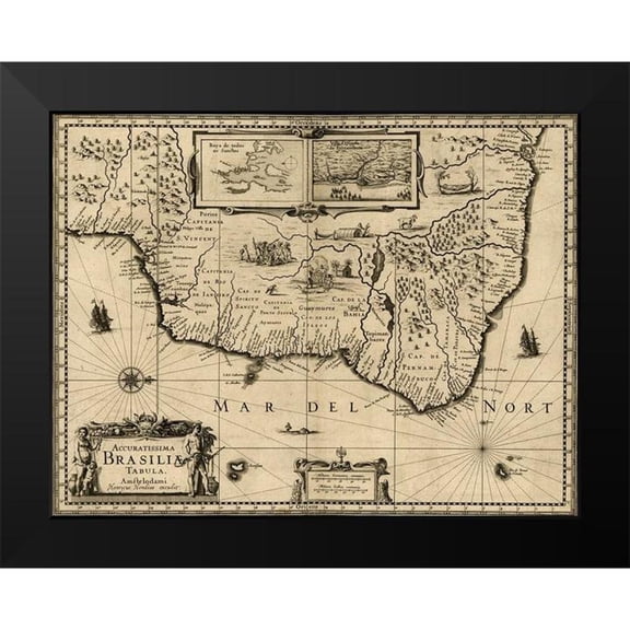 Vintage Maps 24x19 Black Modern Framed Museum Art Print Titled - Brazil 1630