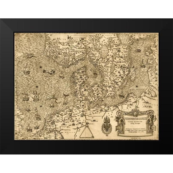 Vintage Maps 24x19 Black Modern Framed Museum Art Print Titled - German Sea The North Sea with Scandiavia 1558