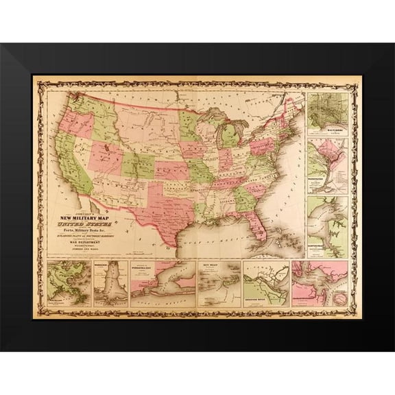 Vintage Maps 24x19 Black Modern Framed Museum Art Print Titled - Military Map of the United states 1863