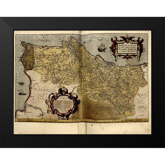 Vintage Maps 24x19 Black Modern Framed Museum Art Print Titled - Portugal 1650