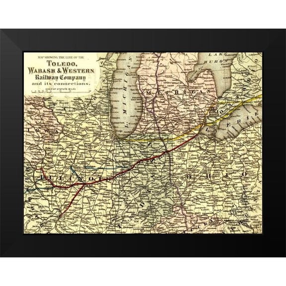 Vintage Maps 24x19 Black Modern Framed Museum Art Print Titled - Toledo Wabash and Western Railway Company 1873