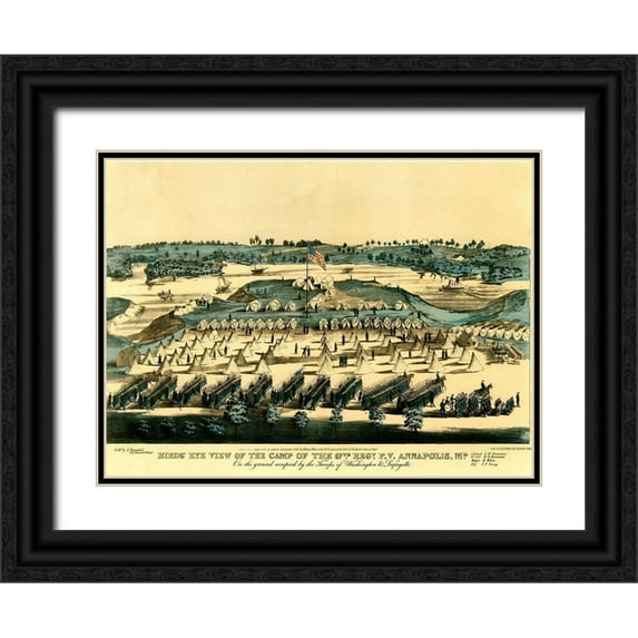 Vintage Maps 24x19 Black Ornate Wood Framed with Double Matting Museum Art Print Titled - Civil War Encampment of Union Forces in Annapolis. Maryland 1863