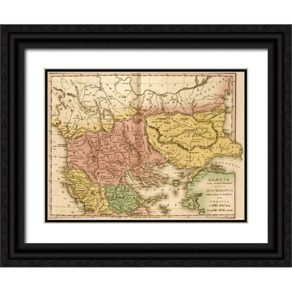 Vintage Maps 24x19 Black Ornate Wood Framed with Double Matting Museum Art Print Titled - Ancient Greece Macedonia and Thrace