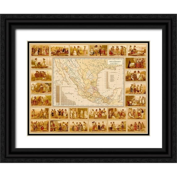 Vintage Maps 24x19 Black Ornate Wood Framed with Double Matting Museum Art Print Titled - Ethnographic Map of Mexico