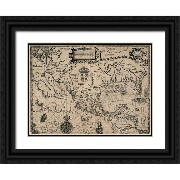 Vintage Maps 24x19 Black Ornate Wood Framed with Double Matting Museum Art Print Titled - New World over which Spain Governs