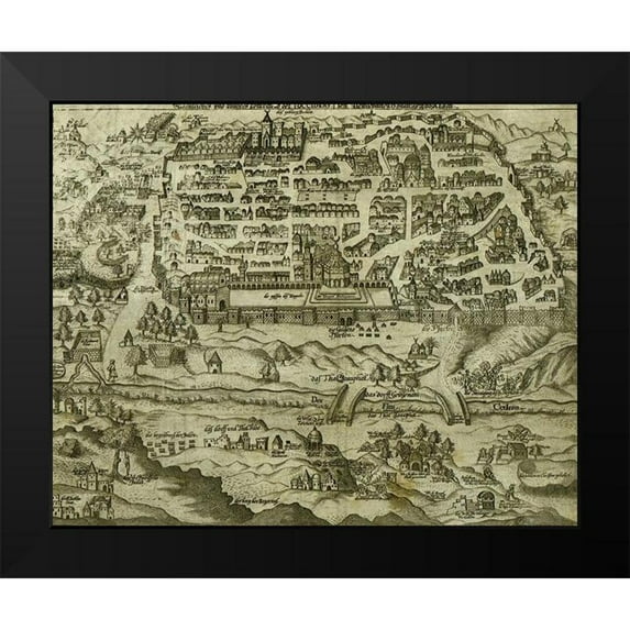 Vintage Maps 24x20 Black Modern Framed Museum Art Print Titled - Antique Map of Jerusalem