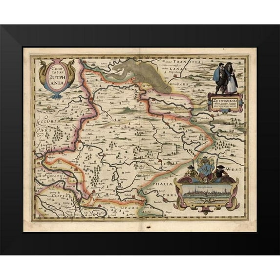 Vintage Maps 24x20 Black Modern Framed Museum Art Print Titled - Map of the area around Zutphanis Netherlands