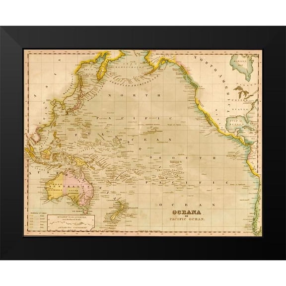 Vintage Maps 24x20 Black Modern Framed Museum Art Print Titled - Oceania 1844