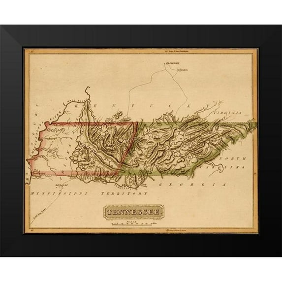 Vintage Maps 24x20 Black Modern Framed Museum Art Print Titled - Tennessee 1817