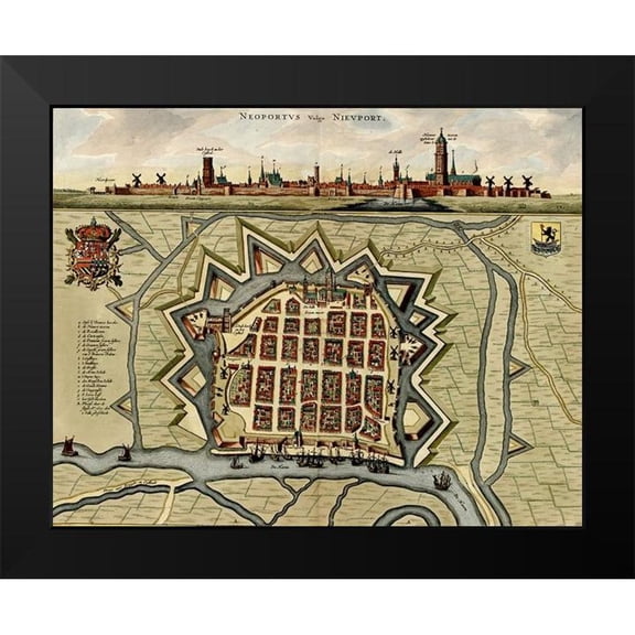 Vintage Maps 24x20 Black Modern Framed Museum Art Print Titled - Vauban Defenses on the Narva Estonia 1700