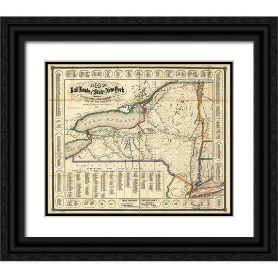 Vintage Maps 24x20 Black Ornate Wood Framed with Double Matting Museum Art Print Titled - New York showing the stations distances and connections with other roads 1858