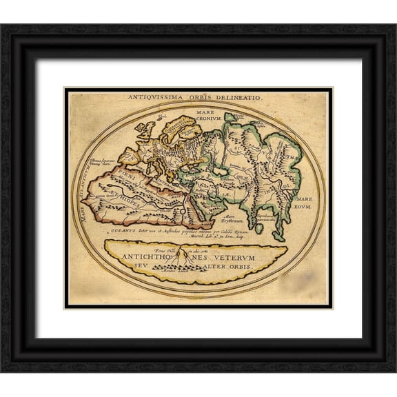Vintage Maps 24x20 Black Ornate Wood Framed with Double Matting Museum Art Print Titled - Antique World Map