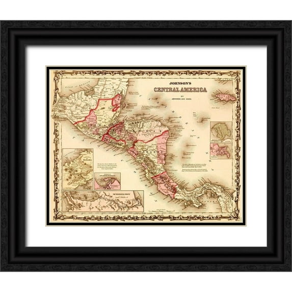Vintage Maps 24x20 Black Ornate Wood Framed with Double Matting Museum Art Print Titled - Central America 1862