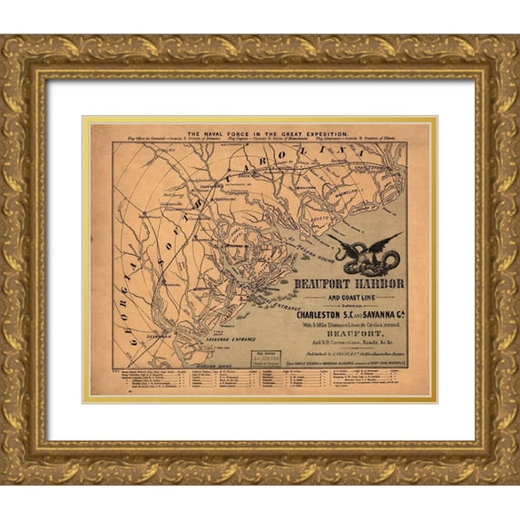 Vintage Maps 24x20 Gold Ornate Wood Framed with Double Matting Museum Art Print Titled - Naval Force in the Great Expedition Beaufort Harbor 1861