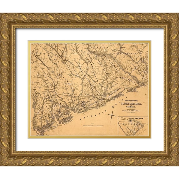 Vintage Maps 24x20 Gold Ornate Wood Framed with Double Matting Museum Art Print Titled - Seat of War in South Carolina and Georgia 1861