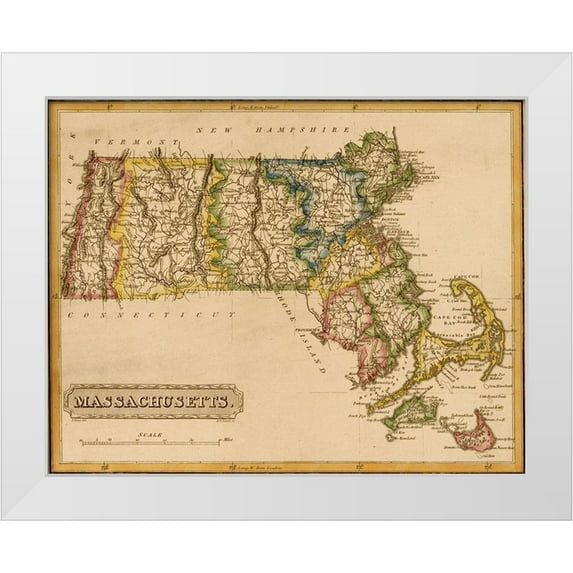 Vintage Maps 24x20 White Modern Wood Framed Museum Art Print Titled - Massachusetts 1817