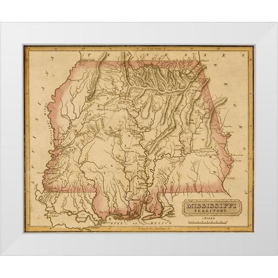 Vintage Maps 24x20 White Modern Wood Framed Museum Art Print Titled - Mississippi Territory 1817